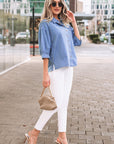 Denim Chambray Drop Shoulder 3/4 Sleeve Shirt