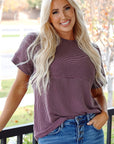 Solid Corded Knit Mock Neck T-Shirt
