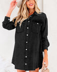 Solid Denim Chest Pocket Raw Hem Shirt Dress