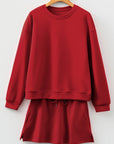 Solid Drop Shoulder Pullover and Mini Skirt Set