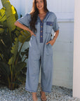 Half Placket Chest Pockets Wide Leg Jumpsuit