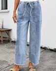 Denim Raw Hem Drawstring Wide Leg Pants