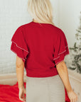 Solid Pearl Embellished Double Ruffle Sleeve Sweater