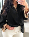 Black Contrast Leopard Print Patchwork Polo Collar Buttons Front Ruffled Long Sleeve Blouse