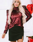 Solid Sequin Mock Neck Long Sleeve Top