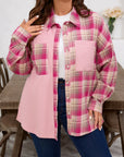 Plus Size Plaid Patchwork Waffle Patch Pocket Shirt