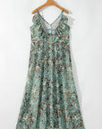Floral V-Neck Ruffle Trim Backless Tassel Waist Dress