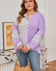 Purple Stripe Patchwork Buttoned Drop Shoulder Plus Size Pullover