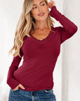 Lace Trim Ruched V-Neck Long Sleeve Top