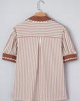 Stripe Collared V-Neck Bubble Sleeve Blouse