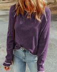 Solid Waffle Knit Round Neck Long Sleeve Top