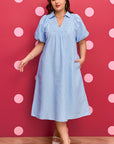 Plus Size Stripe Shirred Collared V-Neck Midi Dress
