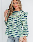 Floral Lace Trim Ruffle Long Sleeve Blouse