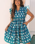 Sierra Retro Floral Ruffle Short Sleeve Dress