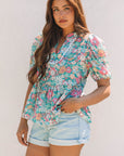 Floral Notched Neck Puff Short Sleeve Blouse