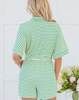 Stripe Short Sleeve Buttoned Collar Belted Romper