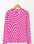 Checker Mesh Mock Neck Long Sleeve Top