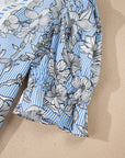 Floral Stripe Polo Collar Short Sleeve Blouse