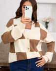 Plus Size Checker Ribbed Knit Buttoned V-Neck Cardigan