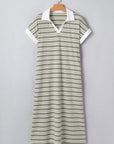 Stripe Collared V-Neck Short Sleeve Midi Dress