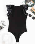 Aniyah Ruffle Patchwork Ribbed V Neck Bodysuit