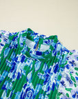 Floral Lace Trim Ruffle Sleeve Pleated Blouse