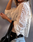 Eyelet Embroidered Puff Sleeve Cropped Shirt
