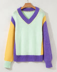 Colorblock Stitched V-Neck Drop Shoulder Sweater
