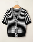 Stripe Bow Tie V-Neck Short Sleeve Sweater