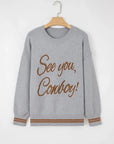 Western See You Cowboy Embroidered Stripe Cuff Sweater