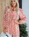 Abstract Long Sleeve Tied Neck Mini Dress