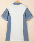 Colorblock Denim Patchwork Polo Collar Tunic Dress