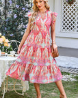 Tribal Paisley Ruffle Sleeve Notch Neck Midi Dress