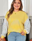 Plus Size Stripe Floral Patchwork Long Sleeve Top