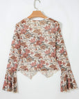 Floral Tie V-Neck Long Bell Sleeve Blouse