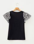Leopard Contrast Ruffle Short Sleeve Ribbed Top