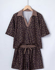 Leopard Collared V-Neck Top & Shorts Set