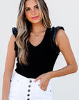 Aniyah Ruffle Patchwork Ribbed V Neck Bodysuit