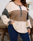 Plus Size Colorblock Waffle Knit Patchwork Half-Button Top