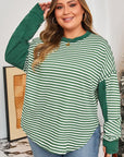 Green Stripe Exposed Seam Patchwork Plus Size Thermal Top