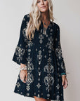 Boho Floral Lettuce Trim 3/4 Sleeve Mini Dress