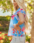 Floral V-Neck Pompom Trim Flutter Sleeve Blouse