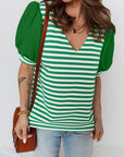 Stripe Patchwork Puff Short Sleeve V-Neck Blouse