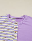 Purple Stripe Patchwork Buttoned Drop Shoulder Plus Size Pullover