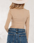Lace Trim Ruched V-Neck Long Sleeve Top