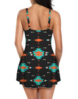 Baha Ranch Turquoise Orange Aztec Skirted Swimsuit