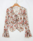 Floral Tie V-Neck Long Bell Sleeve Blouse