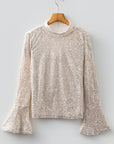 Solid Sequin Backless Bell Sleeve Top
