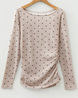 Polka Dot Boat Neck Long Sleeve Ruched T-Shirt