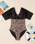 Leopard Mesh Patchwork V-Neck 3/4 Sleeve Swimsuit